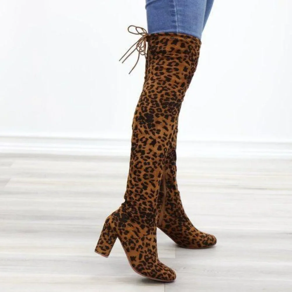 Suede Leopard Thigh High Heeled Boots - Picture 8 of 15